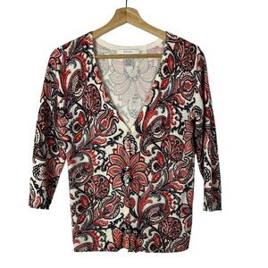 Grace Red & Black Paisley Floral V-Neck Button Down Cardigan Sweater S